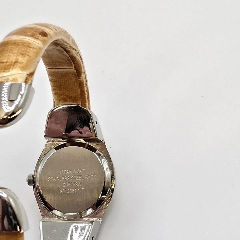 New! AVON Women's Cuff Watch Amber Orange Gemmed Silver Tone New‎ Battery